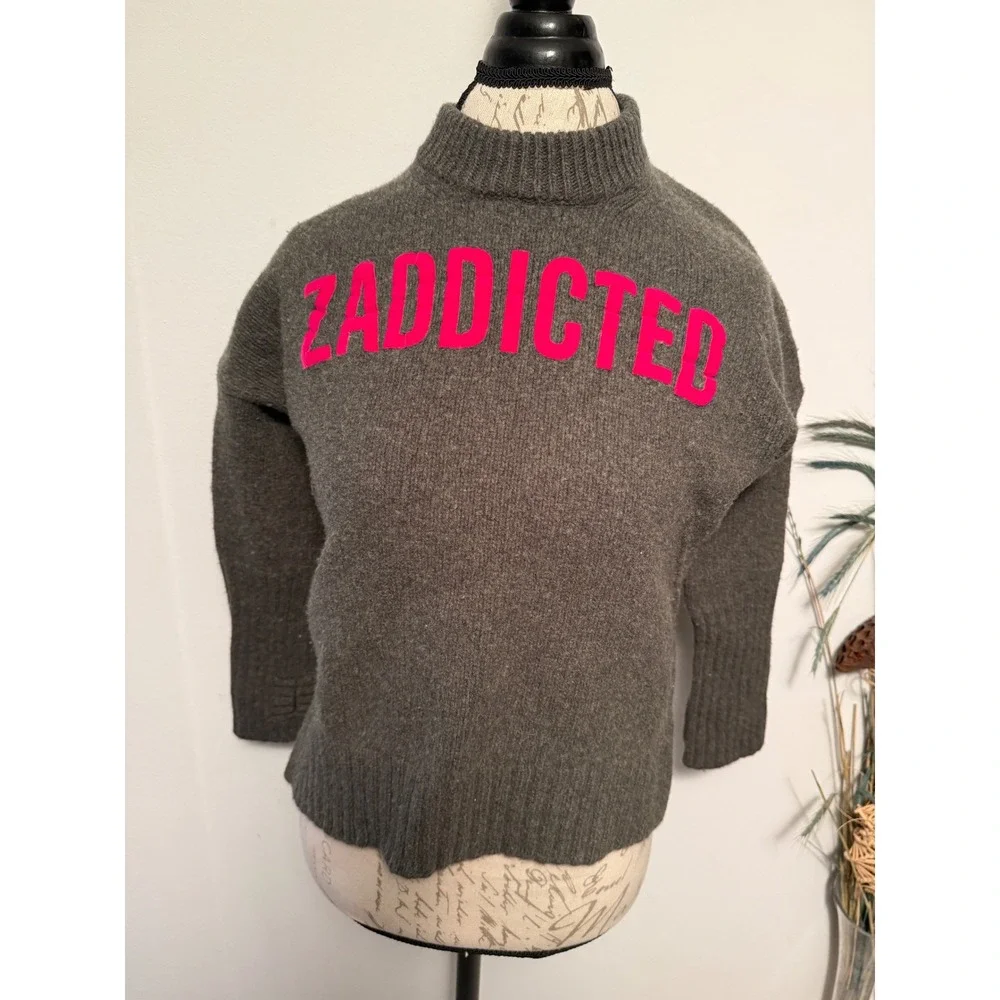 Zadig Voltaire‎ Merino Wool Sweater Green Mock Neck ZADDICTED Pink Logo Size S